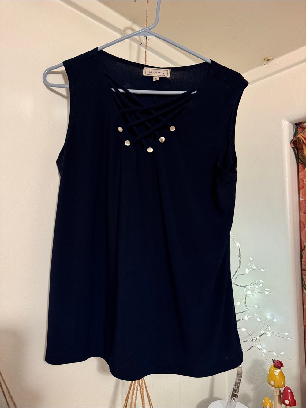 L.A. Made Navy Sleeveless Lattice Tank with Gold Studs